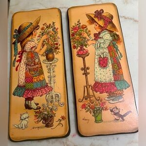 Vintage 1970 Calico Kids By Amy Wall Plaques On Wood Set Of 2